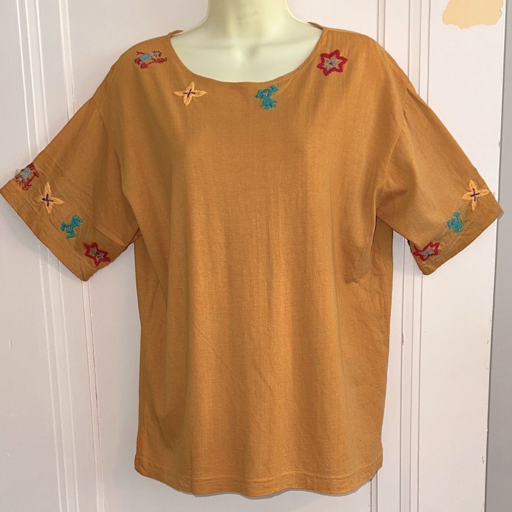 Vintage 80s/90s French Navy Gold/Orange Embroidered Neck & Sleeves Top